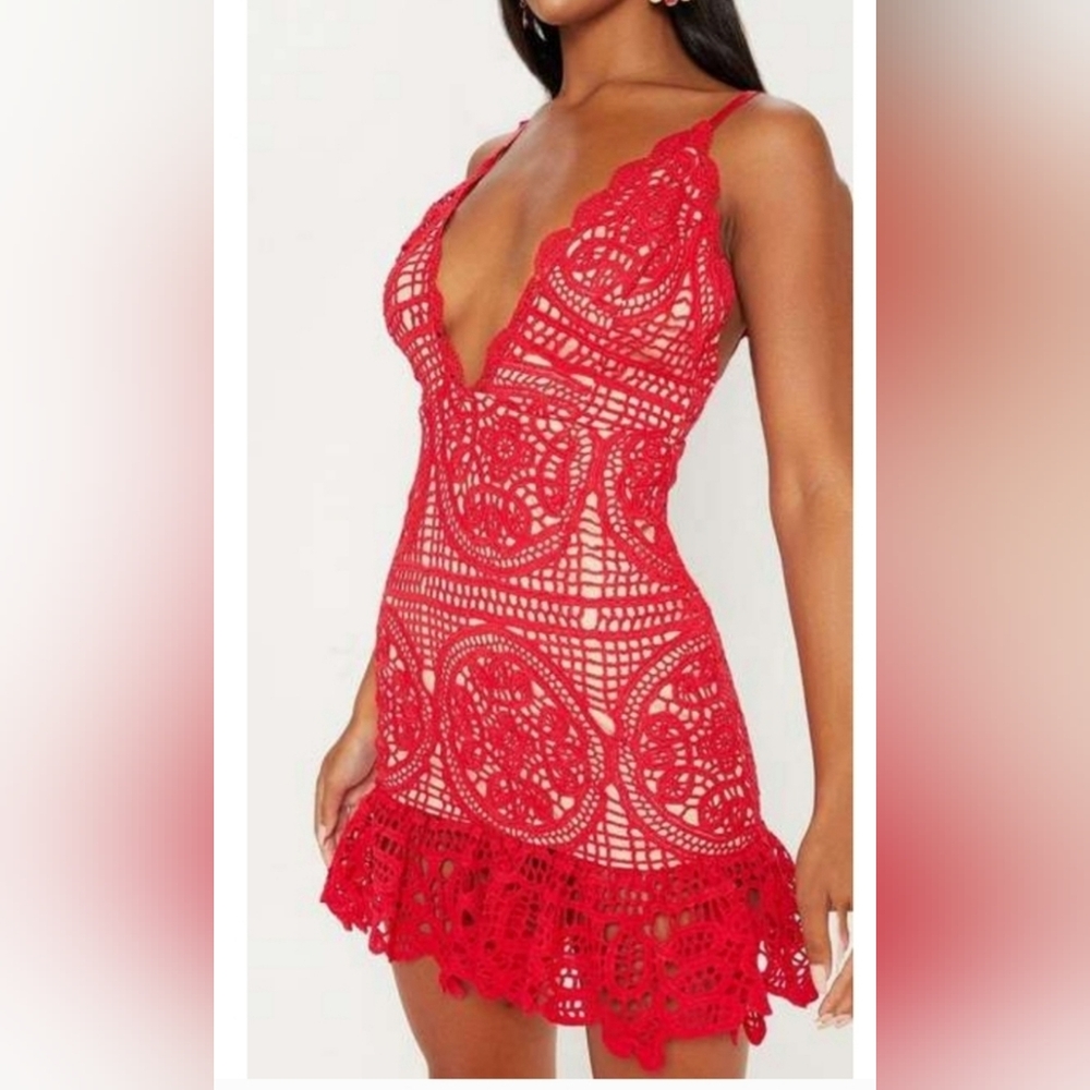 Red strappy Lace Frill Hem Dress